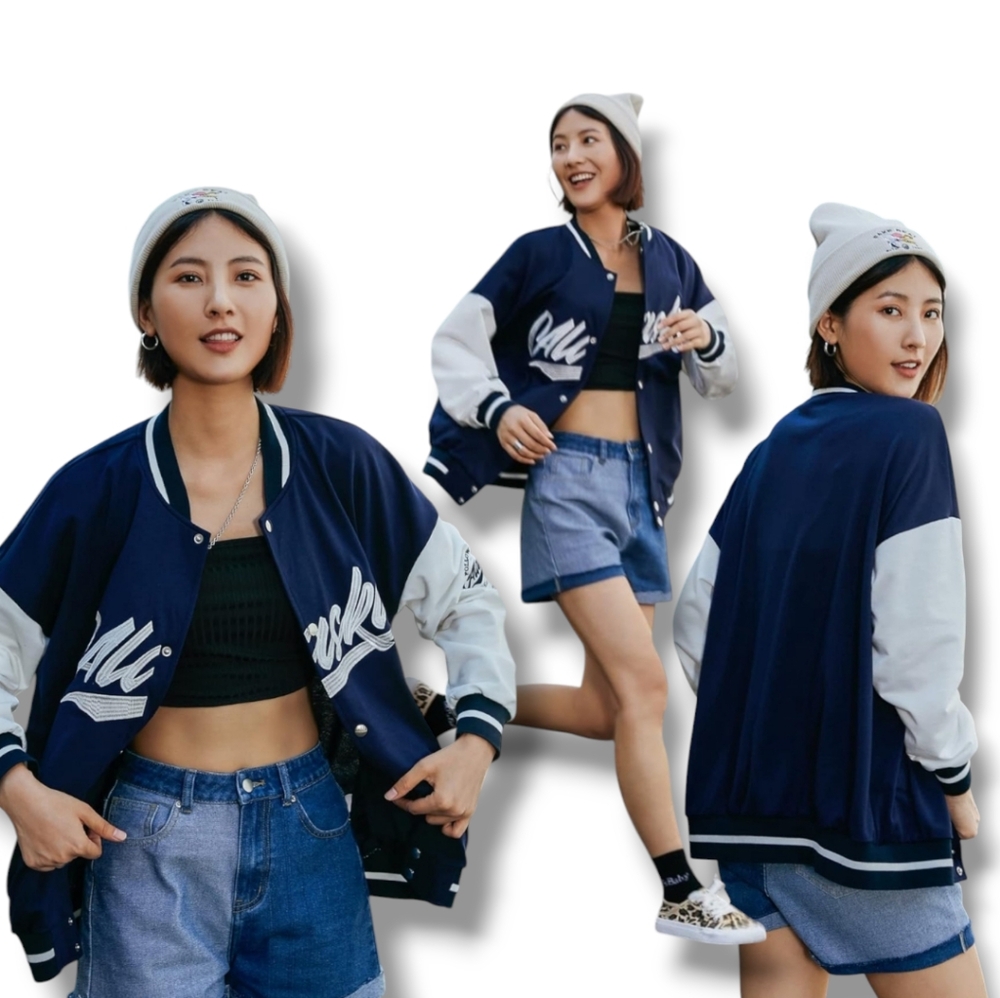 NEW Women's Navy/White Streetlife 80s Oversized Letter Colorblock Varsity Jacket
